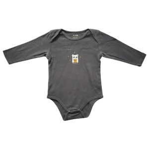 Body à manches longues gris foncé avec ours/ourson dad and me. Trois boutons pression à l'entrejambe, d'occasion. Marque kiabi en 6 mois