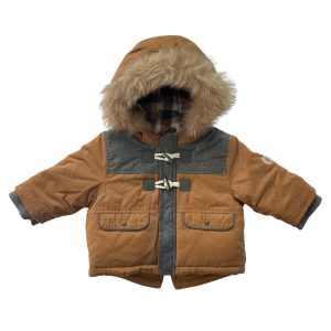 Manteau bébé épais marron et gris avec capuche bordée de fausse fourrure, poches à rabat et attaches style duffle-coat – Obaïbi 6 mois, d'occasion