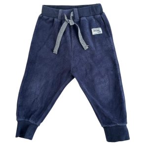 Pantalon jogging bébé en velours bleu marine, taille élastique avec cordon et bas resserrés, petite étiquette décorative sur le devant, Tape à l’Œil 2 ans, d'occasion