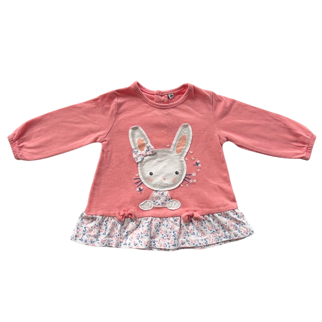 T-shirt bébé rose à manches longues, motif lapin appliqué et volant fleuri en bas, sans marque, 6 mois, d'occasion