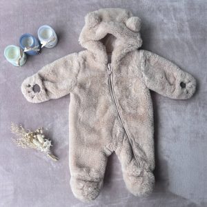 Combipilote beige effet peluche pour bébé 0-3 mois, avec capuche à oreilles et moufles intégrées motif patte, d'occasion
