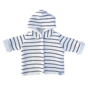 Veste bébé en maille blanche rayée noir avec capuche, manches longues et fermeture par boutons, taille 3 mois, La Manufacture de Layette, article d'occasion