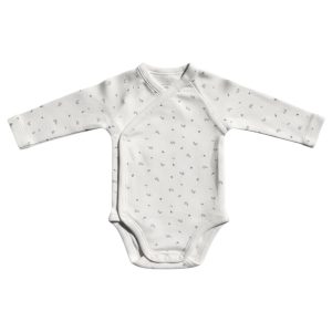Body bébé manches longues couleur beige, avec motifs feuilles grises et ouverture croisée sur le devant, marque Chocolatine, taille naissance 50 cm, d'occasion