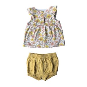 Ensemble d’été C&A 68 cm composé d’un haut sans manches à motifs fleuris et d’un bloomer jaune/marron, d'occasion