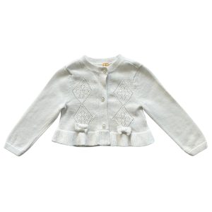 Gilet bébé blanc pailleté Orchestra, 6 mois, avec motifs ajourés en losange et deux petits nœuds décoratifs à la taille, d'occasion