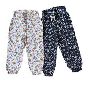 Lot de deux pantalons légers pour fille Gémo, un blanc à motifs fleuris colorés et un bleu marine à petits pois multicolores – taille 3 ans , d'occasion