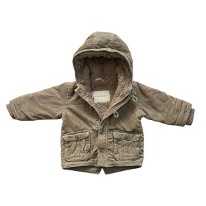 Manteau bébé en velours marron clair avec capuche, doublure fourrée, poches à rabat et attaches décoratives, Kidkanaï 18 mois, d'occasion