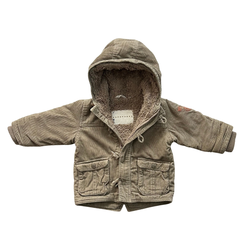 Manteau bébé en velours marron clair avec capuche, doublure fourrée, poches à rabat et attaches décoratives, Kidkanaï 18 mois, d'occasion