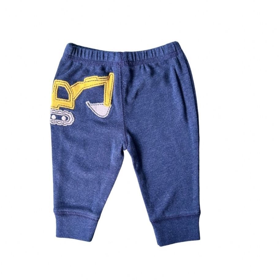 Pantalon bleu pour bébé avec motif pelleteuse jaune brodé à l’arrière, marque Carter’s, taille 3 mois, d'occasion