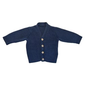 Gilet bébé en maille bleu marine à manches longues avec boutons effet bois, taille 3 mois. d'occasion