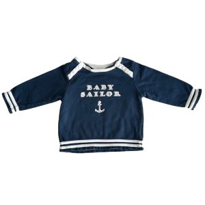 Haut bébé bleu marine à manches longues, inscriptions “Baby Sailor”, détails blancs et coudières rondes – Tissaia 6 mois, d'occasion