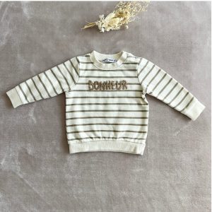 Pull bébé crème et marron rayé avec inscription « Bonheur » en relief, manches longues, taille 6 mois, d'occasion