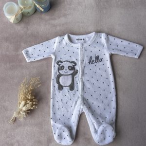 Pyjama bébé blanc à petits pois avec pieds, motif panda souriant et inscription « hello », de la marque Gémo, taille 1 mois, d'occasion