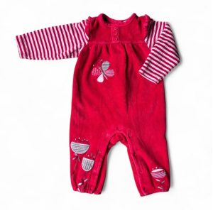 Pyjama rouge en velours pour bébé, manches longues rayées, avec broderies papillon et fleurs, marque Prémaman, taille 6 mois, d'occasion