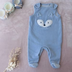 Combinaison sans manches pour bébé en velours bleu clair, décorée d’un visage de renard brodé et du texte “I am new here”, d'occasion