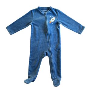 Pyjama en velours bleu avec fusée brodée et zip avant Kiabi, taille 9 mois, d'occasion