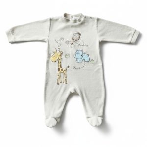 Pyjama bébé en velours beige, taille 6 mois, décoré de dessins de girafe, singe et hippopotame, d'occasion