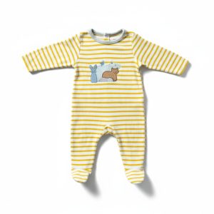 Pyjama bébé Obaïbi en velours blanc et jaune à rayures, avec animaux brodés, taille 6 mois, d'occasion