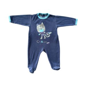 Pyjama bébé en velours bleu marine avec motif chat, taille 6 mois, d'occasion