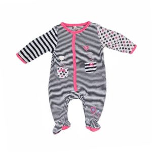 Pyjama bébé en velours rayé noir et blanc, manches longues dépareillées à pois et rayures, détails roses et motifs brodés, taille 3 mois, d'occasion