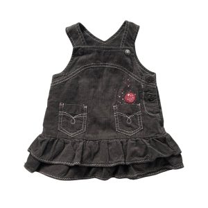 Robe salopette bébé en velours gris foncé, 6 mois, avec poches, volants et broderie Alphabet Création, d'occasion