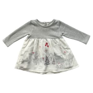 Robe bébé gris clair et blanc avec motifs nature et forêt, manches longues, marque Orchestra, taille 9 mois, d'occasion