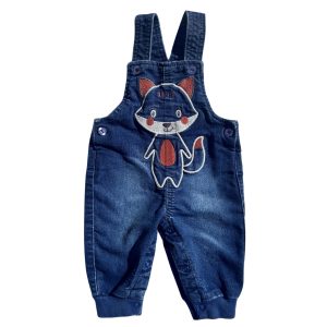 Salopette en jean bébé 1-2 mois avec motif renard brodé sur le devant, d'occasion