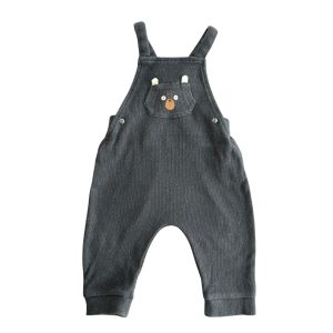 Salopette bébé gris foncé tachetée, poche avant décorée d’un visage d’ourson et bretelles croisées – Kiabi 12 mois, d'occasion