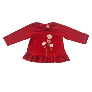 T-shirt bébé rouge à manches longues avec fleurs brodées et volant en bas – Mayoral 4/6 mois, d'occasion