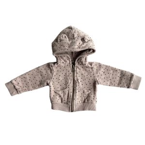 Veste bébé à capuche marron clair, décorée de petites étoiles noires, avec fermeture zippée, poches avant et petites oreilles sur la capuche, d'occasion