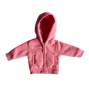 Veste polaire pour bébé, couleur rose vif, avec capuche doublée en matière imitation fourrure, fermeture zippée et deux poches verticales sur le devant, d'occasion