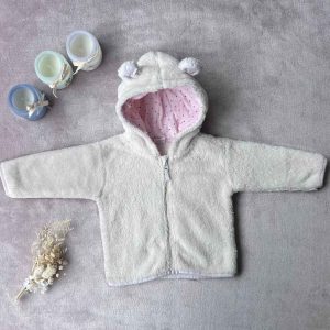 Veste polaire bébé blanche en taille 68 cm, avec capuche à petites oreilles et doublure rose à pois, d'occasion