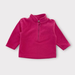 Sweat bébé en polaire fuchsia, manches longues, col montant avec fermeture zippée. Seconde main.