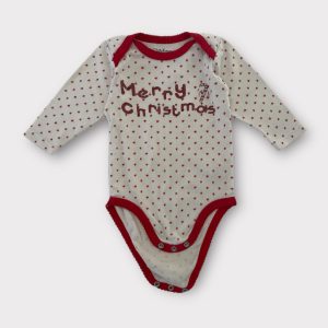 Body bébé 12 mois Kitchoun beige manches longues avec étoiles rouges et inscription Merry Christmas. Seconde main