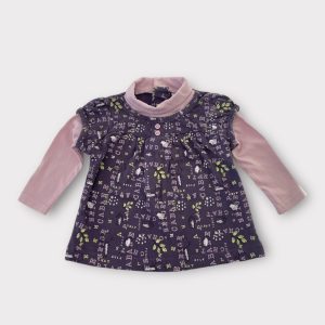 T-shirt bébé fille effet double parme et violet à manches longues, col roulé et imprimés fantaisie. Seconde main