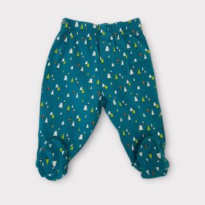 Pantalon bébé turquoise à pieds avec motifs sapins et taille élastique. Seconde main