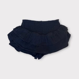 Jupe-short bébé bleu marine avec taille smockée élastiquée et volants superposés. Seconde main.