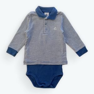 Body bébé garçon bleu rayé style polo avec col et manches longues. Petit Bateau, 6 mois, d'occasion