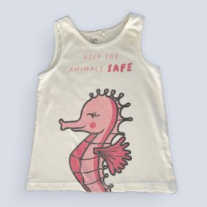 Débardeur fille blanc avec motif hippocampe rose et message Keep the animals safe, 3 ans, d'occasion