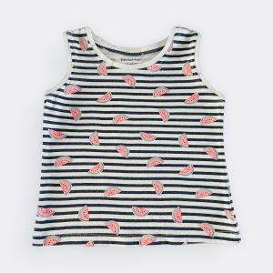 Débardeur fille rayé noir et blanc avec motifs pastèque roses. Primark, 24/36 mois, d'occasion