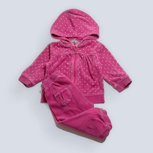 Ensemble bébé fille rose en velours avec veste à capuche et pantalon, motif pois blancs. Kitchoun, 18 mois d'occasion