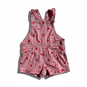 Salopette short bébé fille rouge à carreaux vichy avec petits pois rouges, bretelles réglables à boutons et poches sur le devant, taille 12 mois, d'occasion