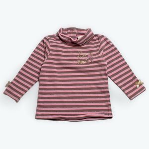 Sous-pull rayé bébé rose et marron avec manches longues et détails métalliques. Disney 9 mois, d'occasion