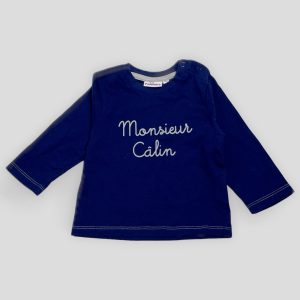 T-shirt bleu marine avec inscription "Monsieur Câlin" et manches longues. Pommette, 6 mois, d'occasion