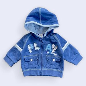 Veste bleue à capuche avec fermeture zippée, poches et broderie Play my garage, Marque Ellepi, 6 mois, d'occasion