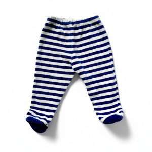 Bas de pyjama bébé en velours doux rayé blanc et bleu marine, taille élastiquée, pieds intégrés, taille 12 mois, d'occasion