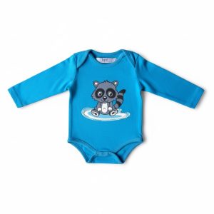 Body bébé bleu à manches longues avec un dessin de raton-laveur au centre, de la marque BPC, taille 56-62 cm, d'occasion
