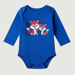 Body bébé bleu à manches longues avec illustration de renards et boutons-pression à l’entrejambe. 1/3 mois, d'occasion
