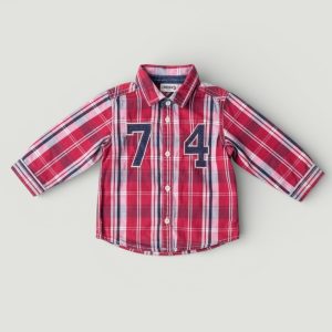 Chemise rouge à carreaux Numéro 74 pour bébé 18 mois avec manches longues et détails contrastés coudes. Creeks, d'occasion