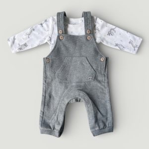 Ensemble bébé naissance composé d’un body blanc imprimé et d’une salopette grise à boutons. C&A, d'occasion